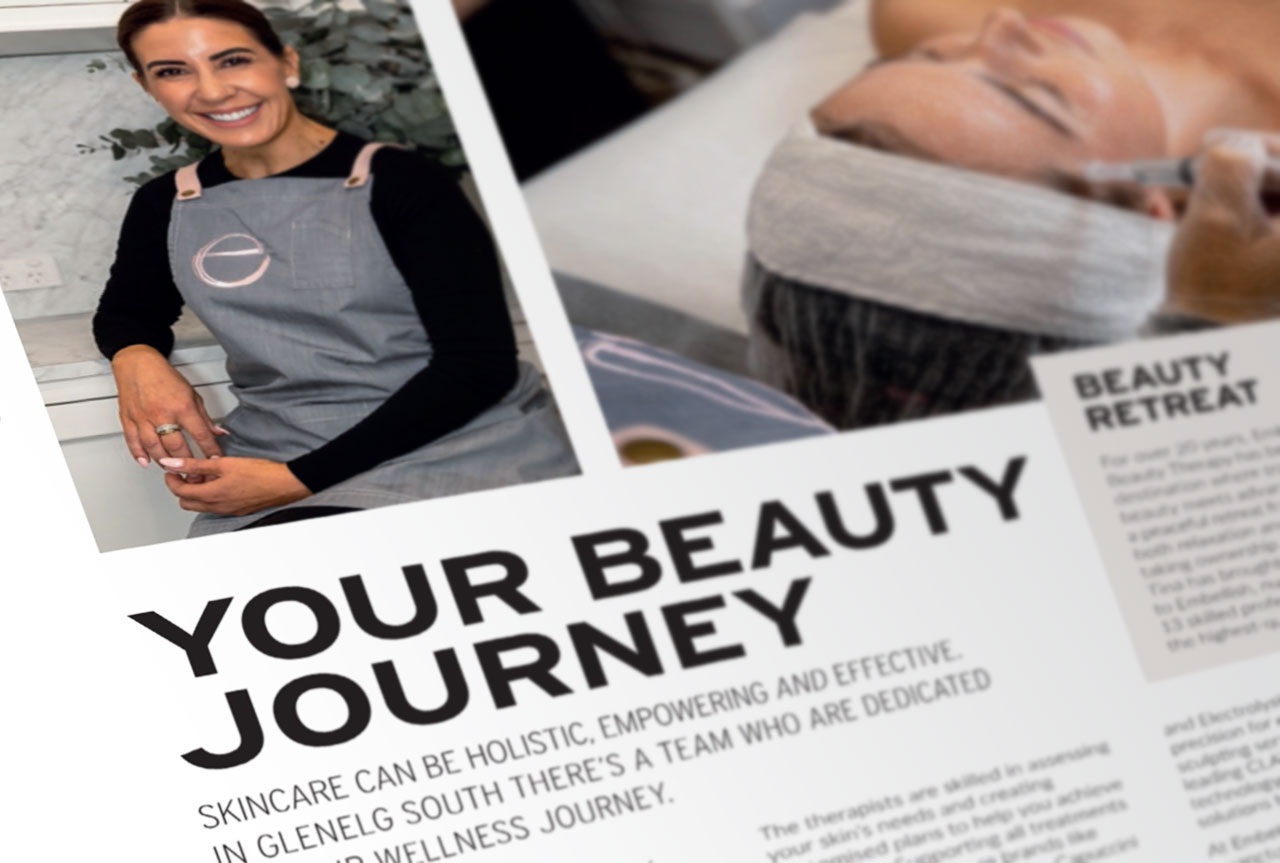 image of a magazine article with the title "your beauty journey" and a photo of a beauty therapist